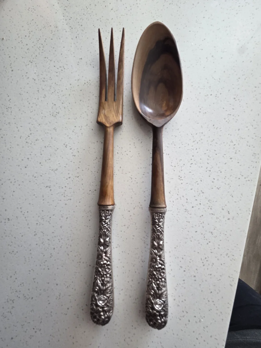 Wood and Embossed Sterling Silver-Handle Serving Fork and Spoon Set